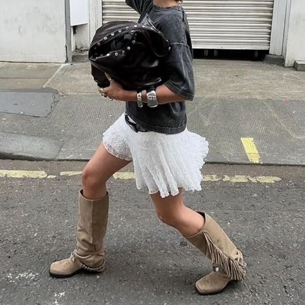 Suede Fringe Knee-High Boots with Chain Detail